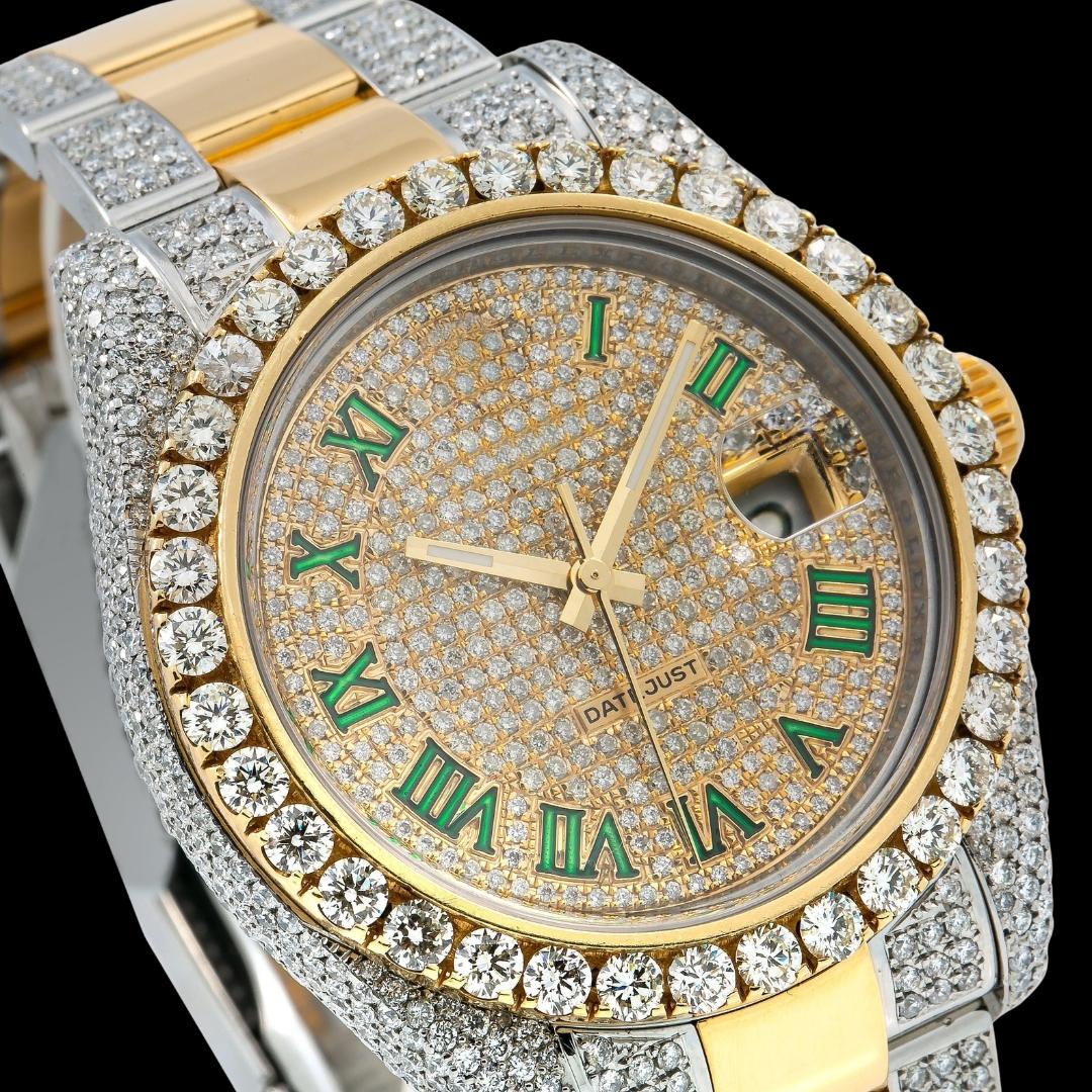 Rolex Datejust Diamond Paved Dial Green Roman Numerals Two Tone Yellow Gold Oyster Strap Iced Out Moissanite Watch Close Up Dial View