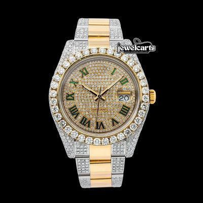 Rolex Datejust Diamond Paved Dial Green Roman Numerals Two Tone Yellow Gold Oyster Strap Iced Out Moissanite Watch
