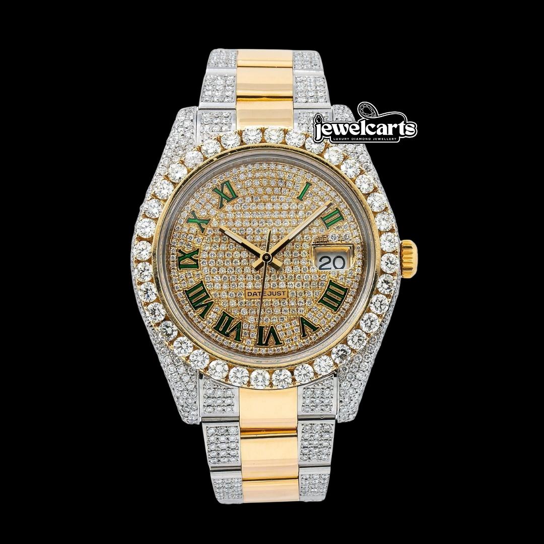 Rolex Datejust Diamond Paved Dial Green Roman Numerals Two Tone Yellow Gold Oyster Strap Iced Out Moissanite Watch Front View
