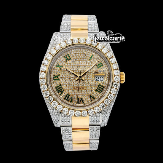Rolex Datejust Diamond Paved Dial Green Roman Numerals Two Tone Yellow Gold Oyster Strap Iced Out Moissanite Watch Front View
