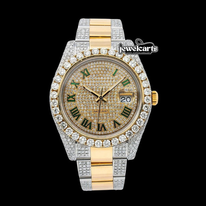 Rolex Datejust Diamond Paved Dial Green Roman Numerals Two Tone Yellow Gold Oyster Strap Iced Out Moissanite Watch Front View