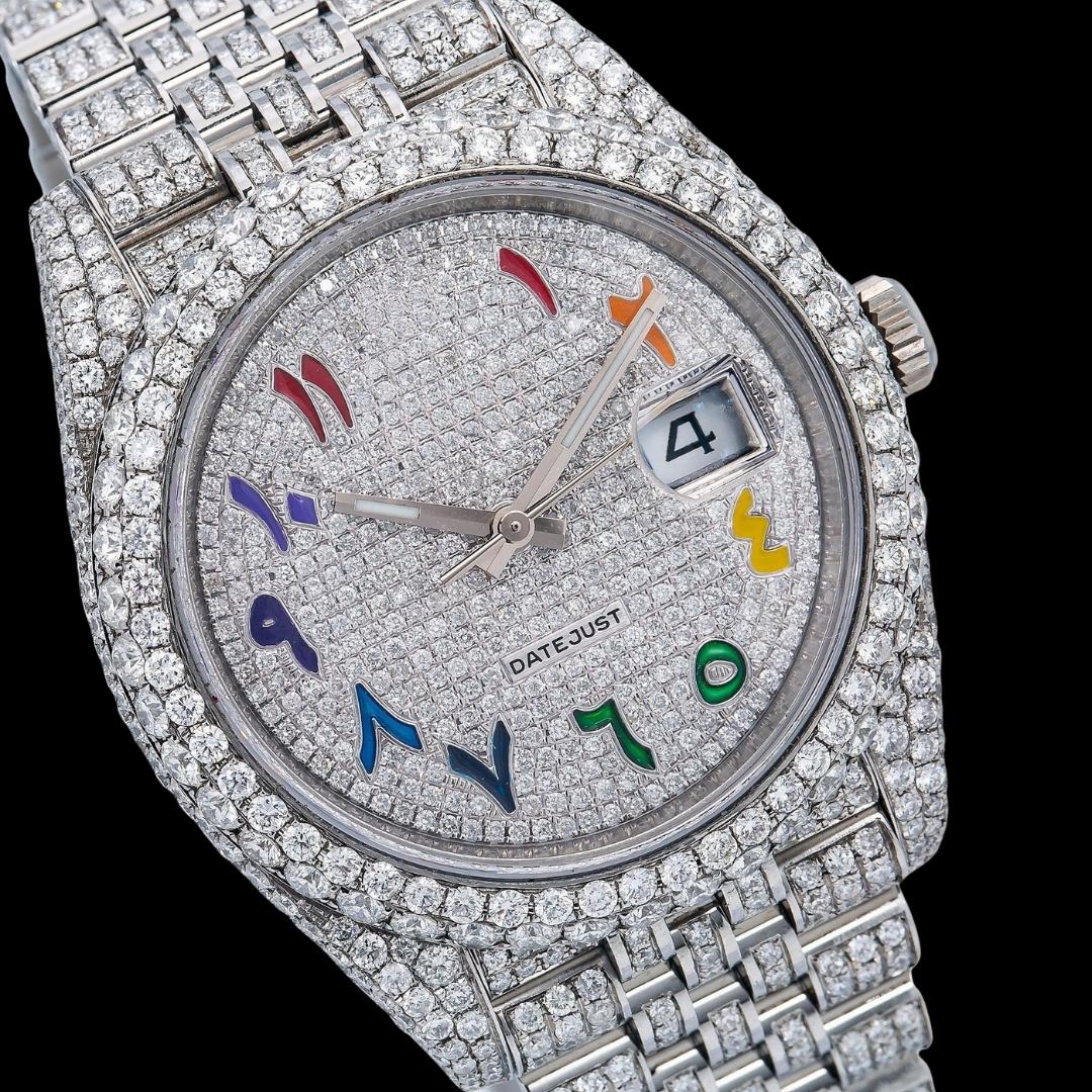 Rolex Datejust Diamond Paved Dial Rainbow Arabic Numerals Iced Out Jubilee Bracelet Moissanite Watch Close Up Dial View