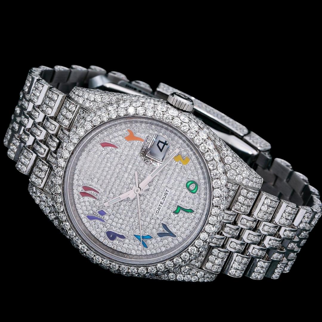 Rolex Datejust Diamond Paved Dial Rainbow Arabic Numerals Iced Out Jubilee Bracelet Moissanite Watch Close Up Front View