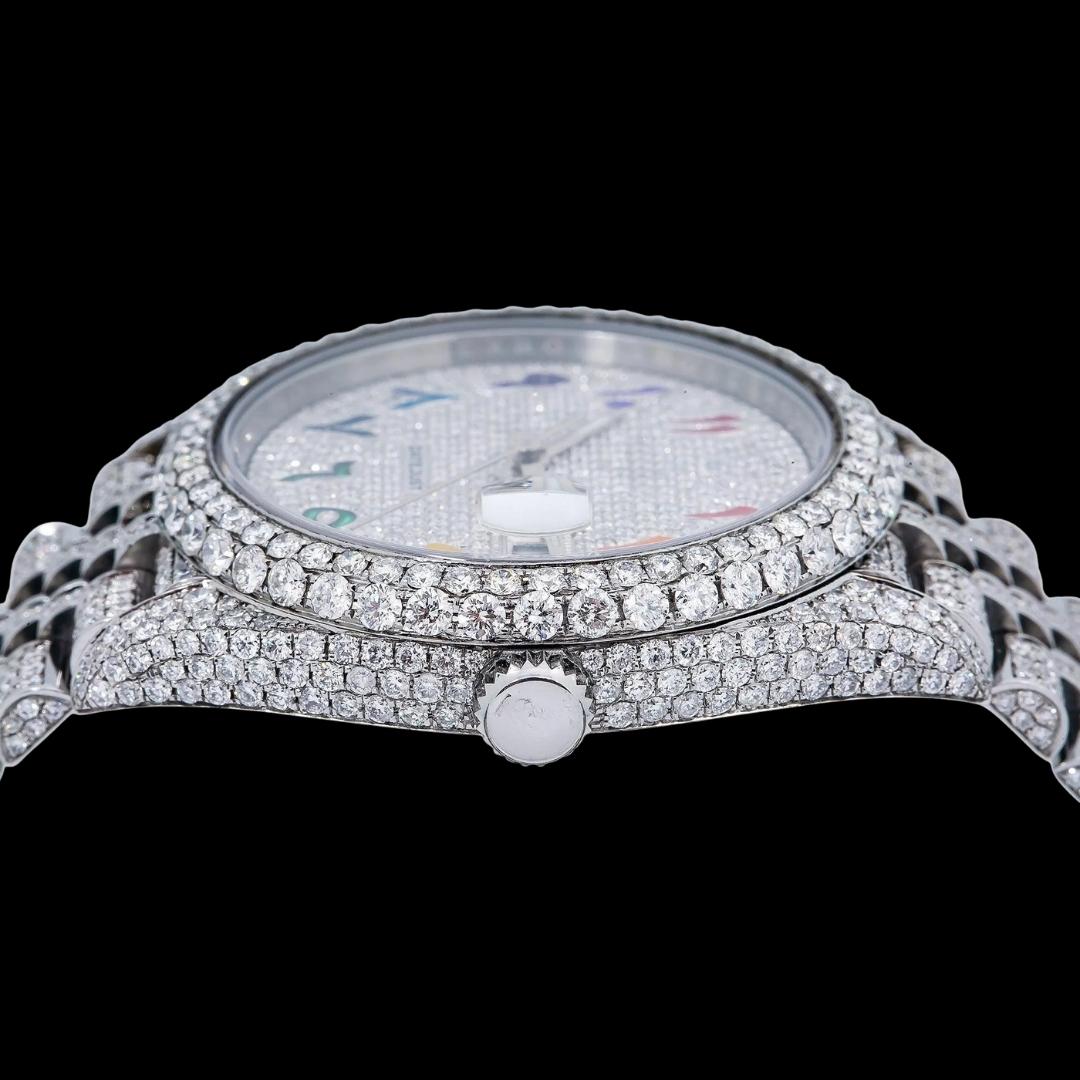 Rolex Datejust Diamond Paved Dial Rainbow Arabic Numerals Iced Out Jubilee Bracelet Moissanite Watch Crown View