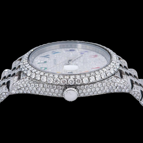 Rolex Datejust Diamond Paved Dial Rainbow Arabic Numerals Iced Out Jubilee Bracelet Moissanite Watch Crown View