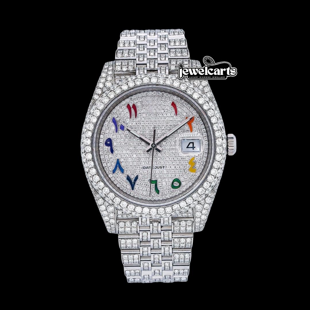 Rolex Datejust Diamond Paved Dial Rainbow Arabic Numerals Iced Out Jubilee Bracelet Moissanite Watch Front View