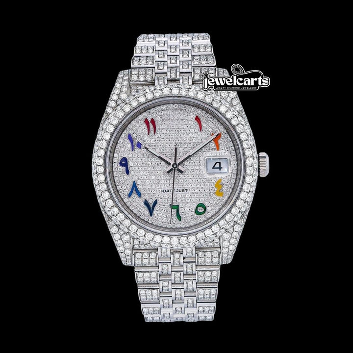 Rolex Datejust Diamond Paved Dial Rainbow Arabic Numerals Iced Out Jubilee Bracelet Moissanite Watch Front View