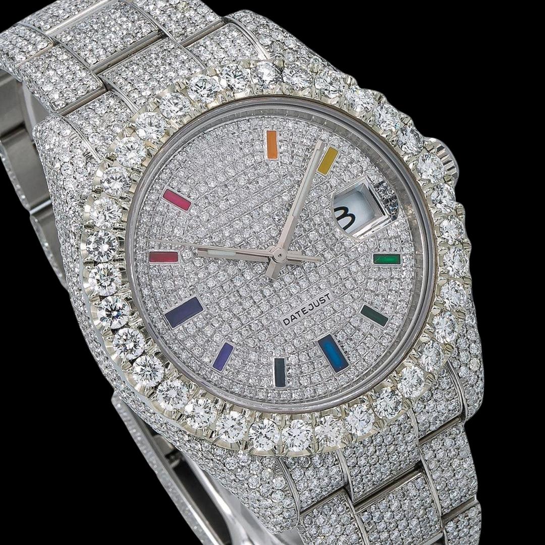 Rolex Datejust Diamond Paved Dial Rainbow Stick Markers Fully Iced Out Oyster Bracelet Moissanite Watch Close Up Dial View