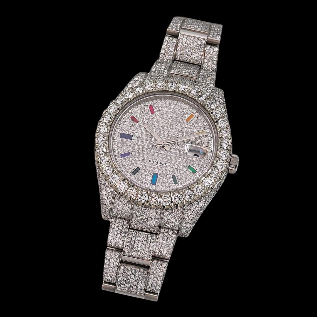 Rolex Datejust Diamond Paved Dial Rainbow Stick Markers Fully Iced Out Oyster Bracelet Moissanite Watch Close Up Front View