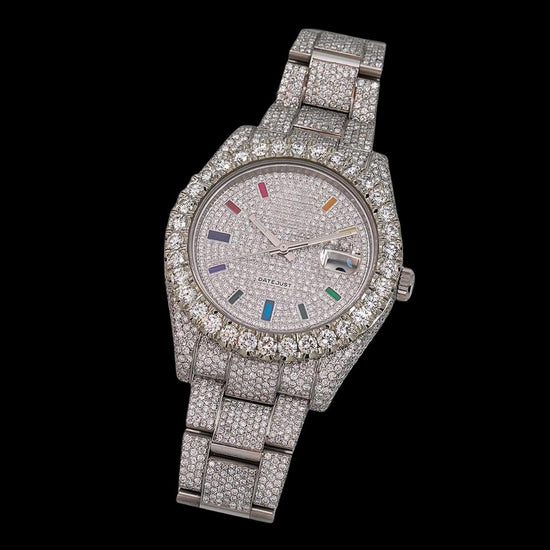 Rolex Datejust Diamond Paved Dial Rainbow Stick Markers Fully Iced Out Oyster Bracelet Moissanite Watch Close Up Front View