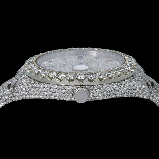 Rolex Datejust Diamond Paved Dial Rainbow Stick Markers Fully Iced Out Oyster Bracelet Moissanite Watch Crown View