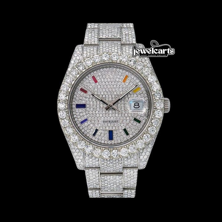 Rolex Datejust Diamond Paved Dial Rainbow Stick Markers Fully Iced Out Oyster Bracelet Moissanite Watch Front View