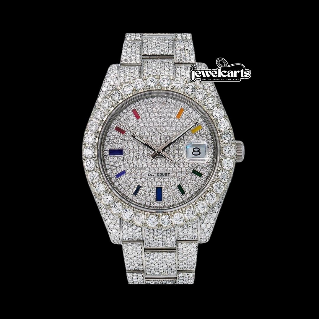 Rolex Datejust Diamond Paved Dial Rainbow Stick Markers Fully Iced Out Oyster Bracelet Moissanite Watch Front View