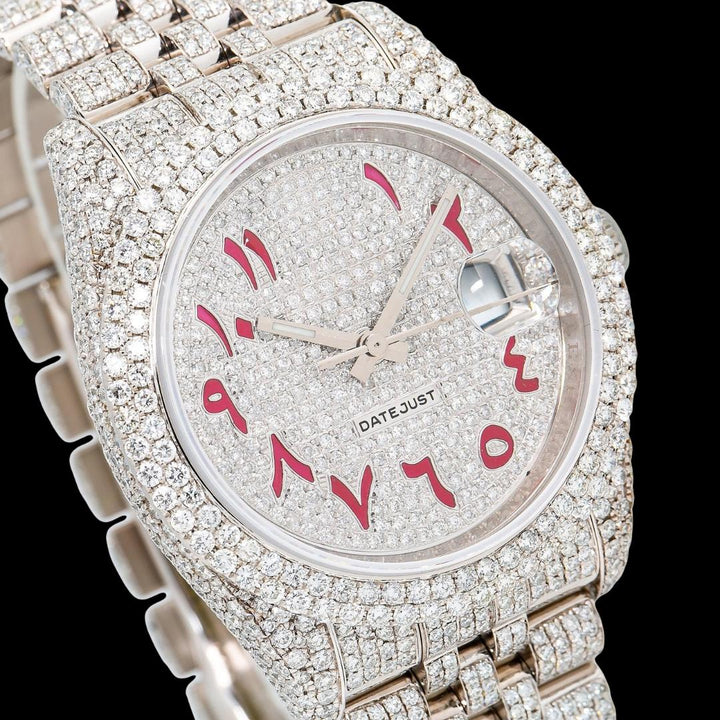 Rolex Datejust Diamond Paved Dial Red Arabic Numerals Jubilee Bracelet Iced Out Moissanite Watch Close Up Dial View