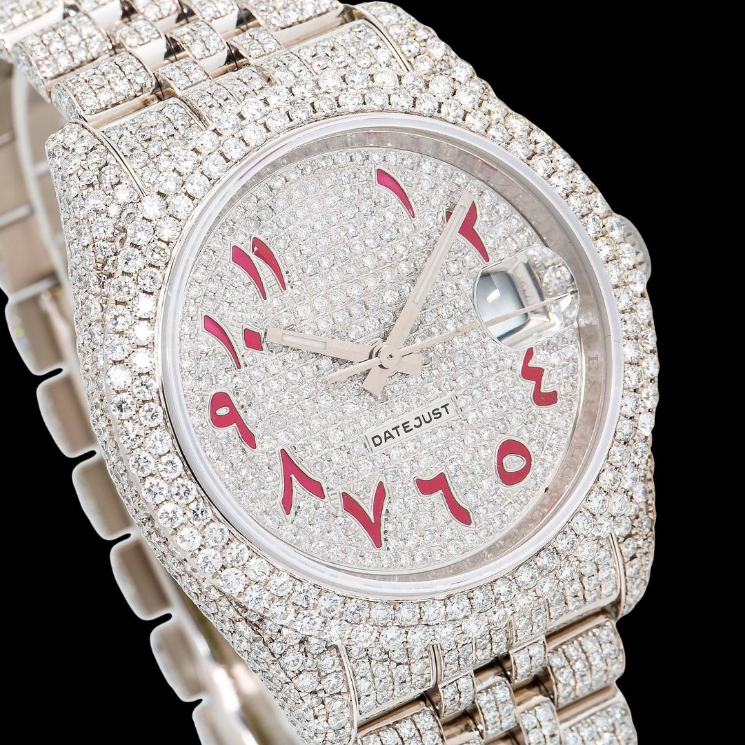 Rolex Datejust Diamond Paved Dial Red Arabic Numerals Jubilee Bracelet Iced Out Moissanite Watch Close Up Dial View