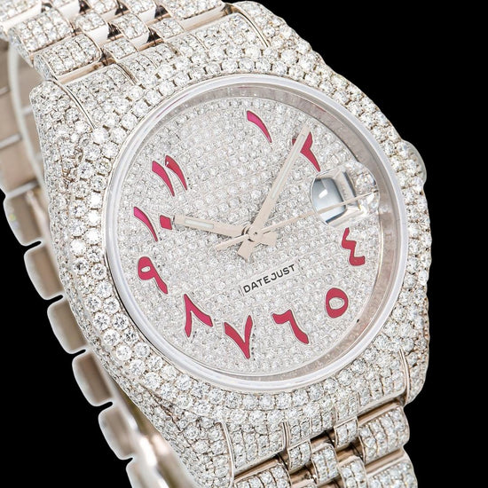 Rolex Datejust Diamond Paved Dial Red Arabic Numerals Jubilee Bracelet Iced Out Moissanite Watch Close Up Dial View
