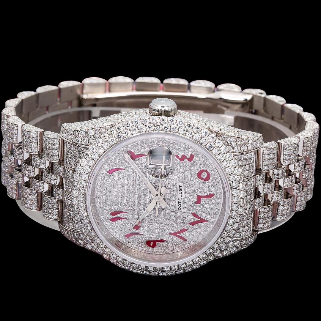 Rolex Datejust Diamond Paved Dial Red Arabic Numerals Jubilee Bracelet Iced Out Moissanite Watch Close Up Front View
