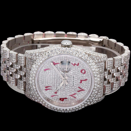 Rolex Datejust Diamond Paved Dial Red Arabic Numerals Jubilee Bracelet Iced Out Moissanite Watch Close Up Front View