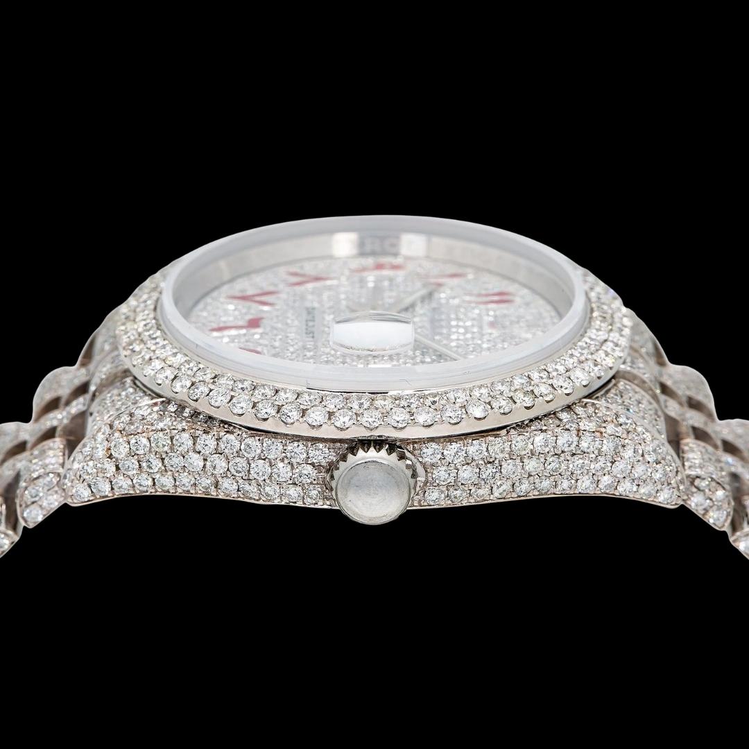 Rolex Datejust Diamond Paved Dial Red Arabic Numerals Jubilee Bracelet Iced Out Moissanite Watch Crown View