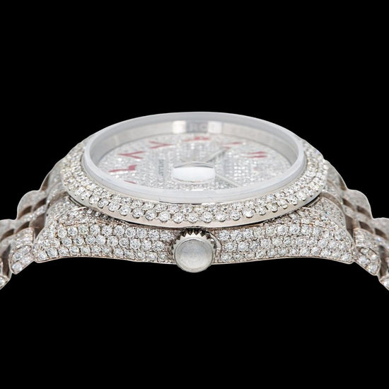 Rolex Datejust Diamond Paved Dial Red Arabic Numerals Jubilee Bracelet Iced Out Moissanite Watch Crown View