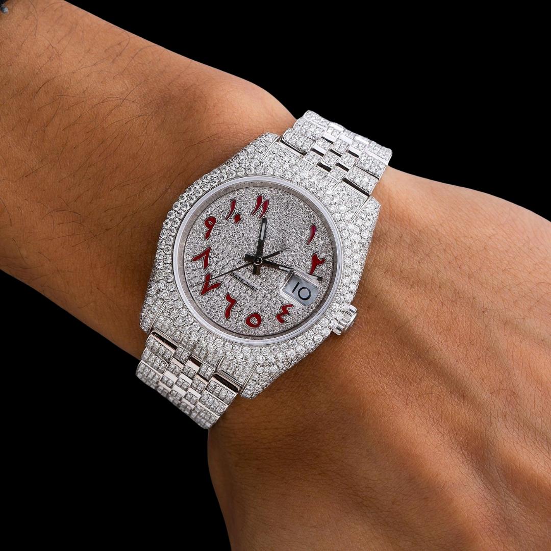 Rolex Datejust Diamond Paved Dial Red Arabic Numerals Jubilee Bracelet Iced Out Moissanite Watch On Wrist View
