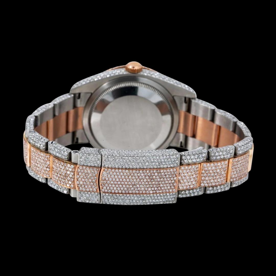 Rolex Datejust Diamond Paved Dial Red Arabic Numerals Two Tone Oyster Bracelet Moissanite Watch Caseback View