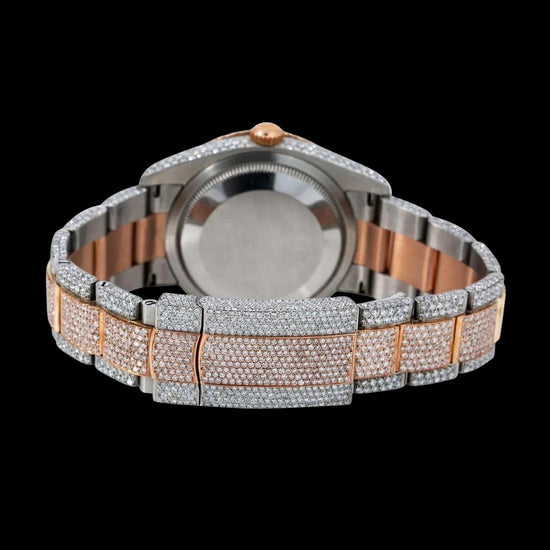 Rolex Datejust Diamond Paved Dial Red Arabic Numerals Two Tone Oyster Bracelet Moissanite Watch Caseback View