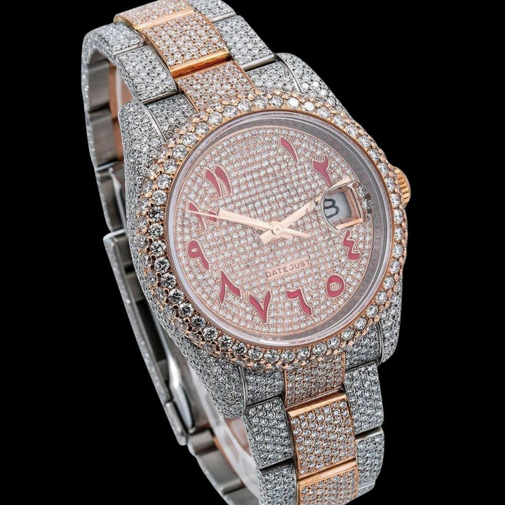 Rolex Datejust Diamond Paved Dial Red Arabic Numerals Two Tone Oyster Bracelet Moissanite Watch Close Up Dial View