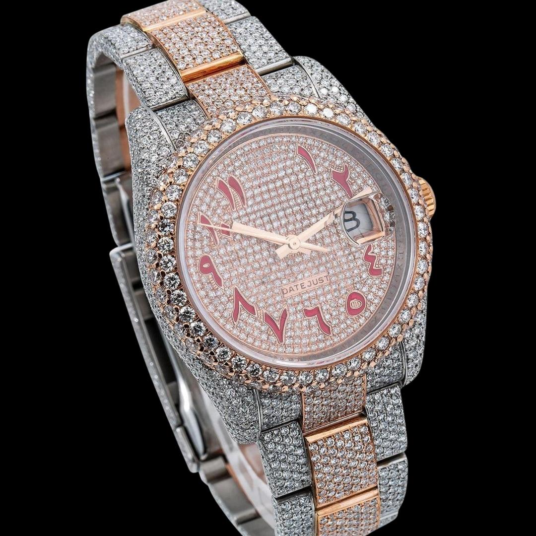 Rolex Datejust Diamond Paved Dial Red Arabic Numerals Two Tone Oyster Bracelet Moissanite Watch Close Up Dial View