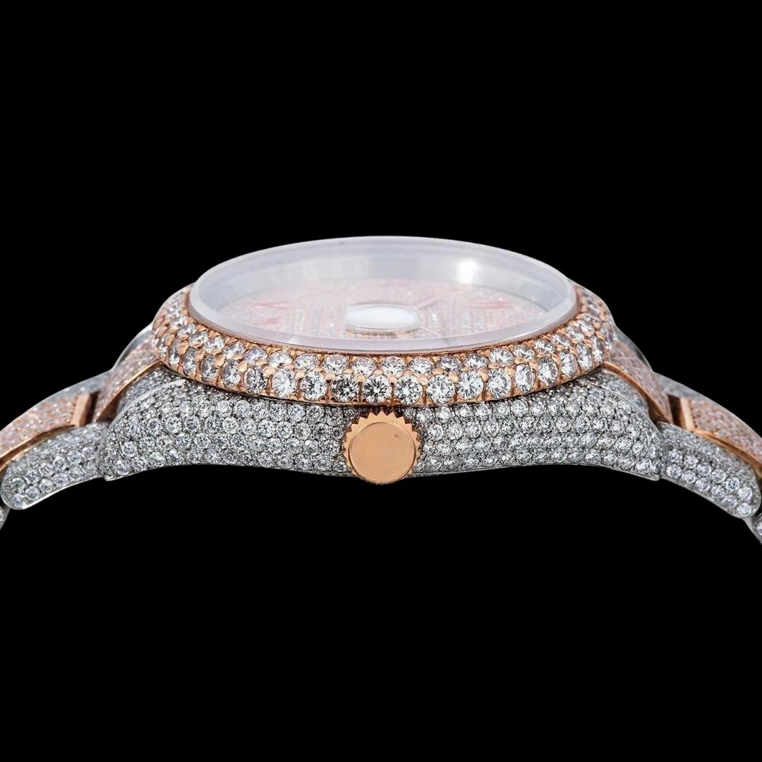 Rolex Datejust Diamond Paved Dial Red Arabic Numerals Two Tone Oyster Bracelet Moissanite Watch Crown View