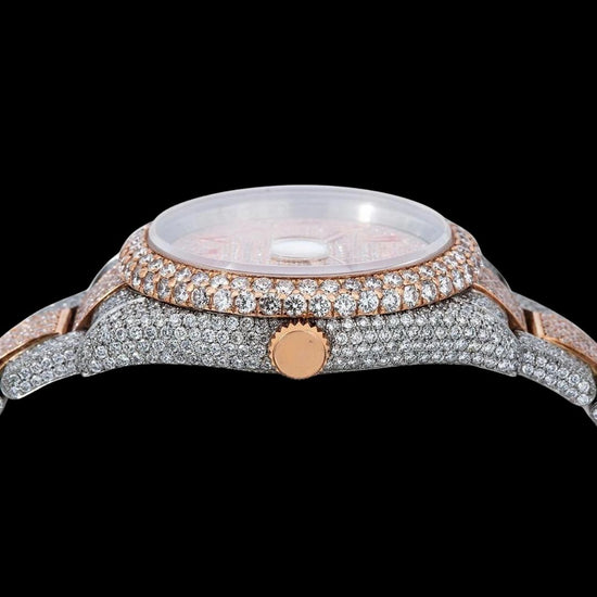 Rolex Datejust Diamond Paved Dial Red Arabic Numerals Two Tone Oyster Bracelet Moissanite Watch Crown View