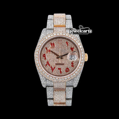 Rolex Datejust Diamond Paved Dial Red Arabic Numerals Two Tone Oyster Bracelet Moissanite Watch