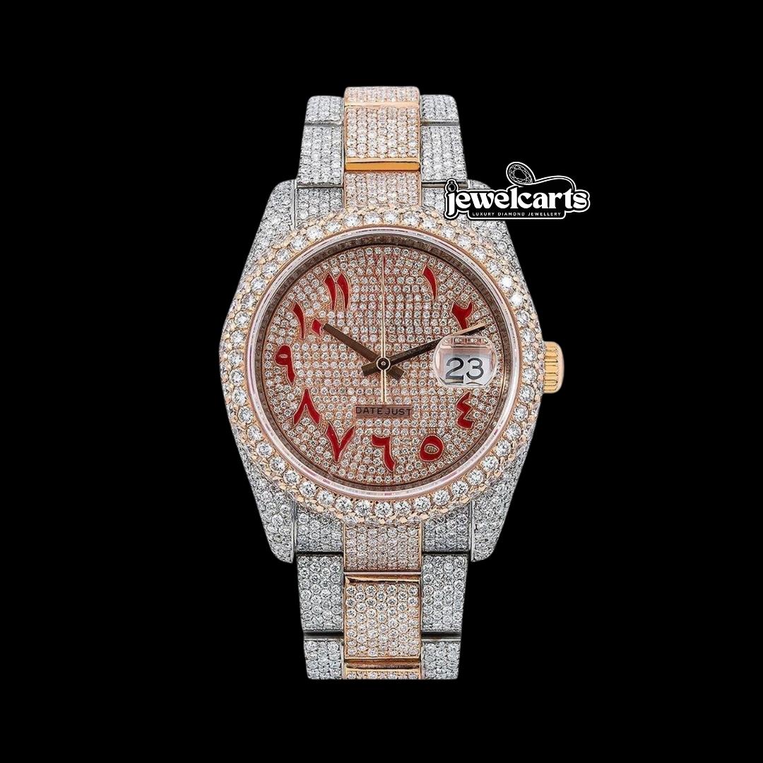 Rolex Datejust Diamond Paved Dial Red Arabic Numerals Two Tone Oyster Bracelet Moissanite Watch Front View