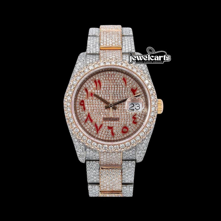 Rolex Datejust Diamond Paved Dial Red Arabic Numerals Two Tone Oyster Bracelet Moissanite Watch Front View