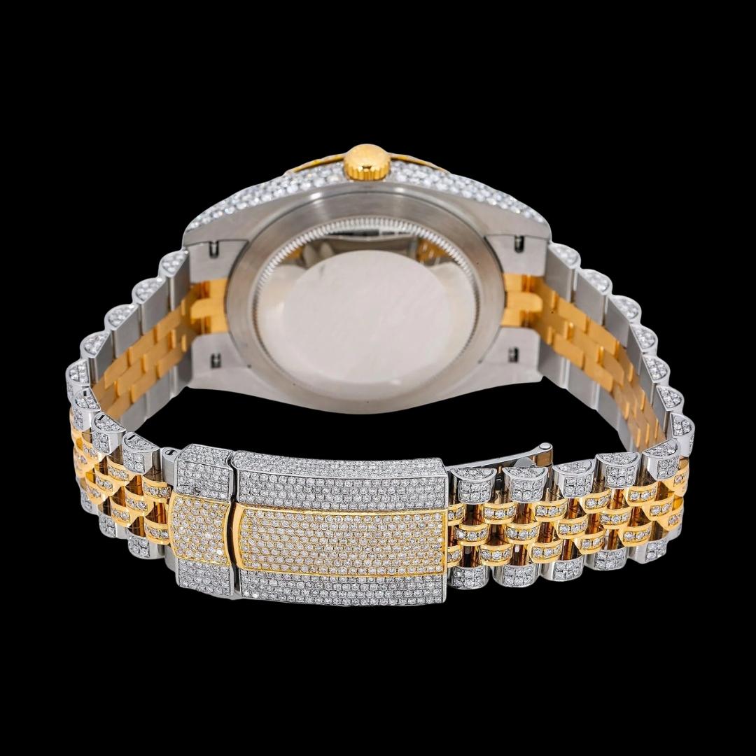 Rolex Datejust Diamond Paved Dial Red Roman Numerals Jubilee Bracelet Two Tone Yellow Gold Moissanite Watch Caseback View