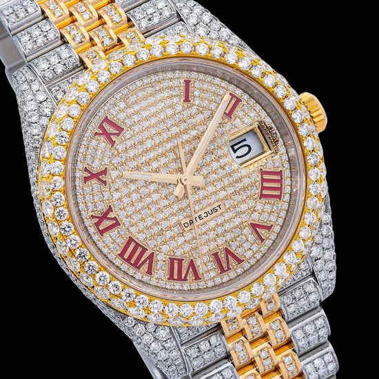 Rolex Datejust Diamond Paved Dial Red Roman Numerals Jubilee Bracelet Two Tone Yellow Gold Moissanite Watch Close Up Dial View