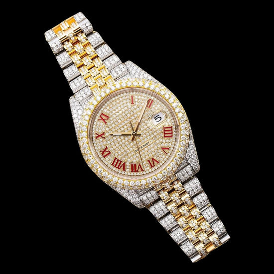 Rolex Datejust Diamond Paved Dial Red Roman Numerals Jubilee Bracelet Two Tone Yellow Gold Moissanite Watch Close Up Front View