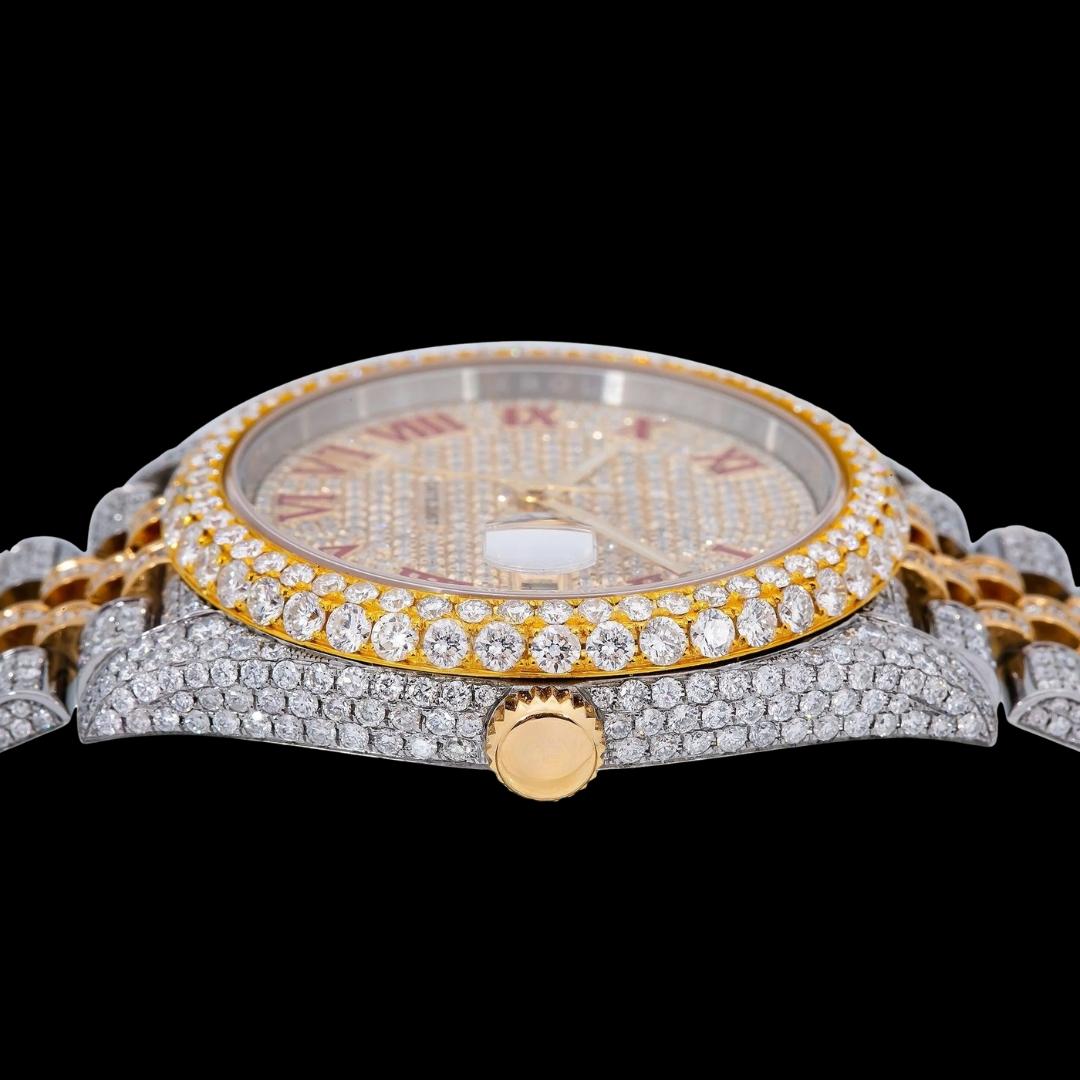 Rolex Datejust Diamond Paved Dial Red Roman Numerals Jubilee Bracelet Two Tone Yellow Gold Moissanite Watch Crown View