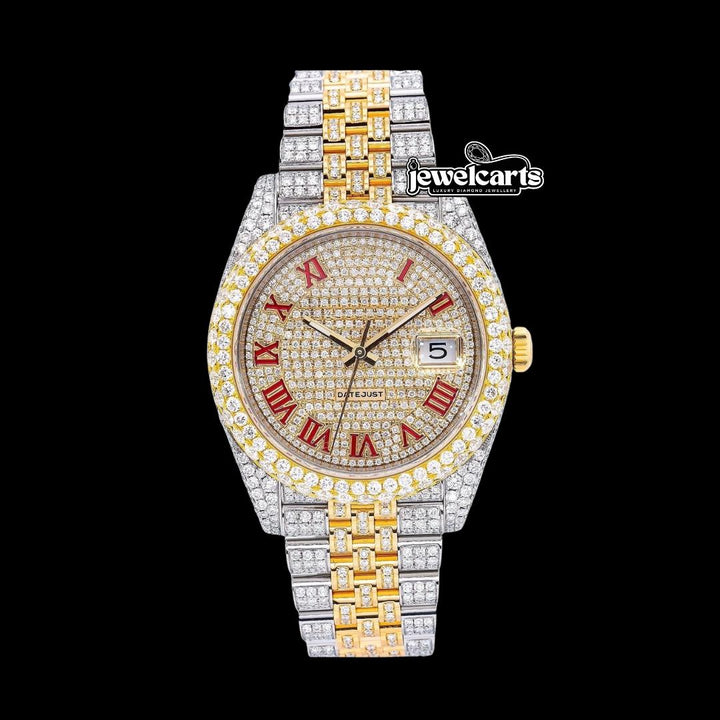 Rolex Datejust Diamond Paved Dial Red Roman Numerals Jubilee Bracelet Two Tone Yellow Gold Moissanite Watch Front View