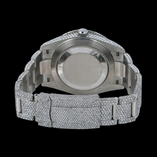 Rolex Datejust Diamond Paved Dial Red Roman Numerals Oyster Bracelet Fully Iced Out Moissanite Watch Caseback View