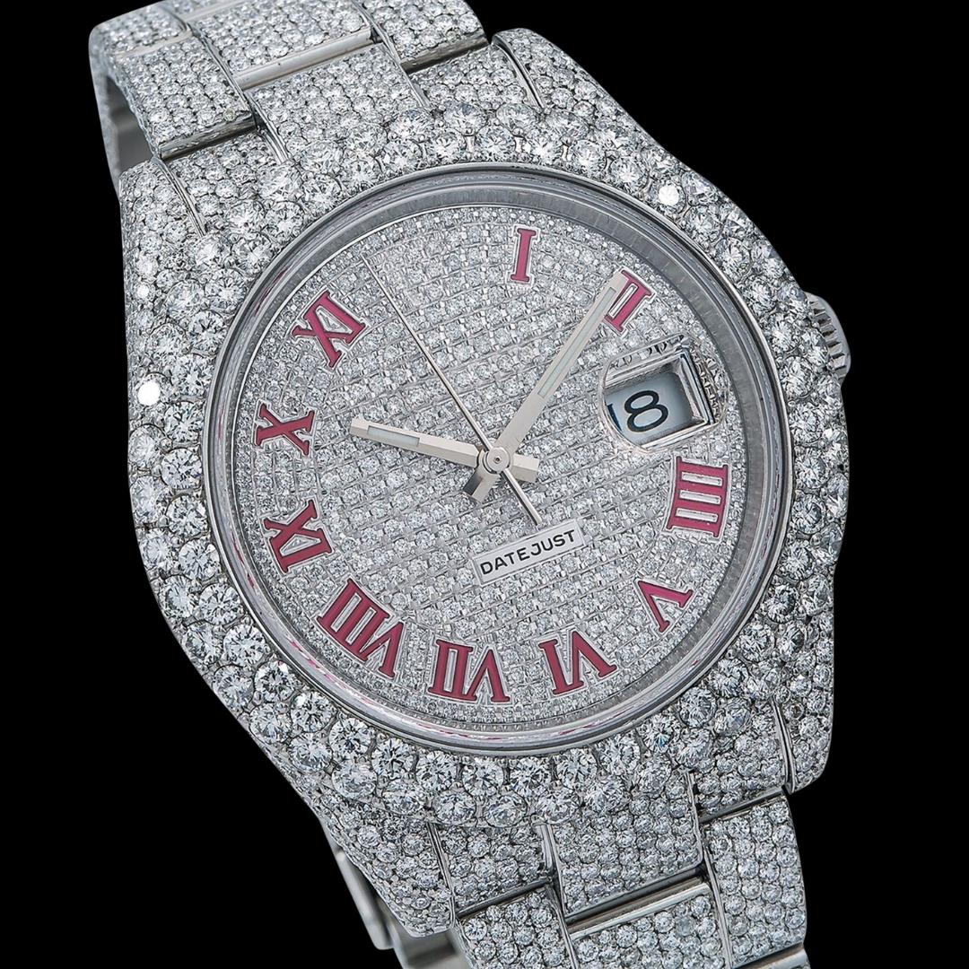 Rolex Datejust Diamond Paved Dial Red Roman Numerals Oyster Bracelet Fully Iced Out Moissanite Watch Close Up Dial View