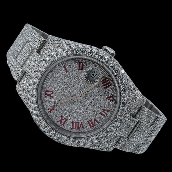 Rolex Datejust Diamond Paved Dial Red Roman Numerals Oyster Bracelet Fully Iced Out Moissanite Watch Close Up Front View