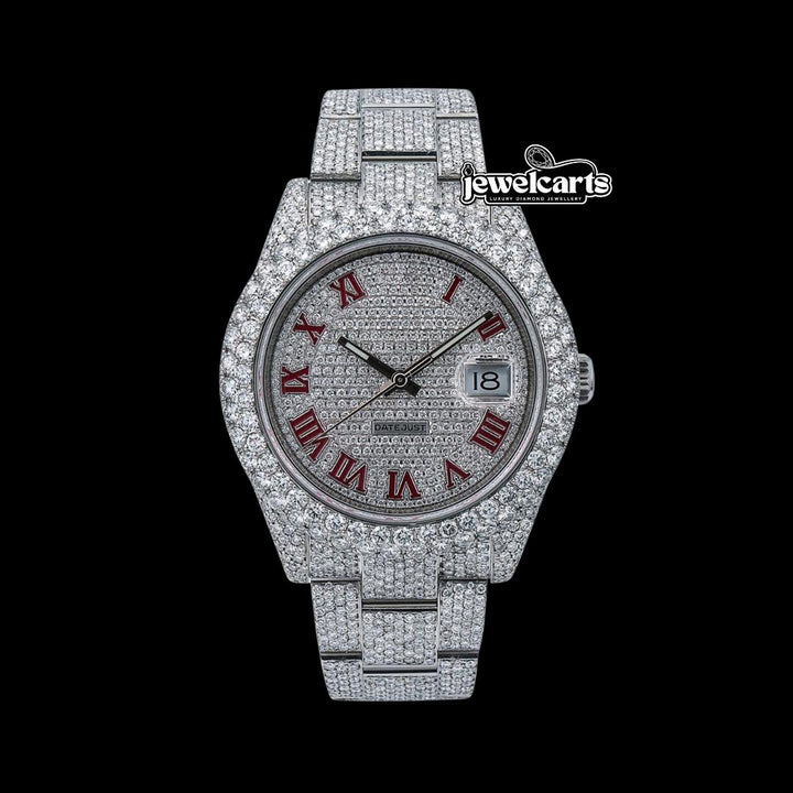 Rolex Datejust Diamond Paved Dial Red Roman Numerals Oyster Bracelet Fully Iced Out Moissanite Watch Front View