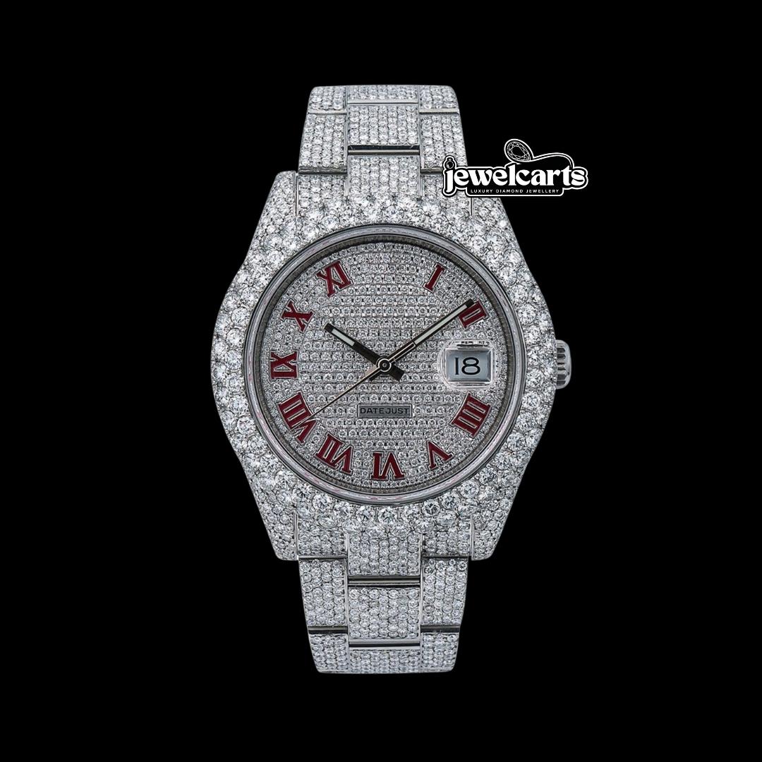 Rolex Datejust Diamond Paved Dial Red Roman Numerals Oyster Bracelet Fully Iced Out Moissanite Watch Front View