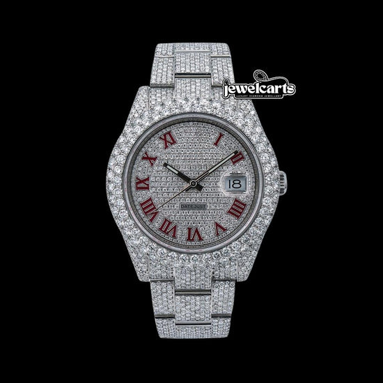 Rolex Datejust Diamond Paved Dial Red Roman Numerals Oyster Bracelet Fully Iced Out Moissanite Watch Front View
