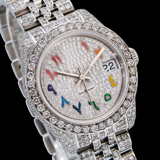 Rolex Datejust Diamond Paved Rainbow Arabic Dial Diamond Bezel Full Iced Out Jubilee Bracelet Moissanite Watch Close Up Dial View