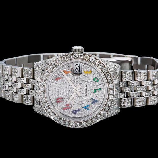 Rolex Datejust Diamond Paved Rainbow Arabic Dial Diamond Bezel Full Iced Out Jubilee Bracelet Moissanite Watch Close Up Front View