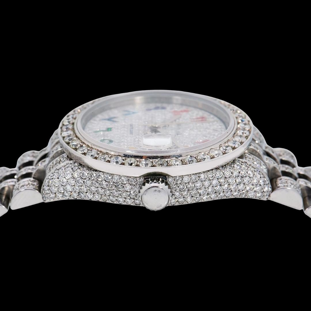 Rolex Datejust Diamond Paved Rainbow Arabic Dial Diamond Bezel Full Iced Out Jubilee Bracelet Moissanite Watch Crown View