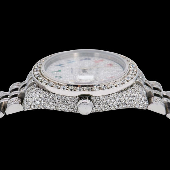 Rolex Datejust Diamond Paved Rainbow Arabic Dial Diamond Bezel Full Iced Out Jubilee Bracelet Moissanite Watch Crown View