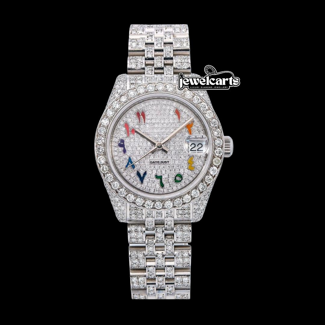 Rolex Datejust Diamond Paved Rainbow Arabic Dial Diamond Bezel Full Iced Out Jubilee Bracelet Moissanite Watch Front View